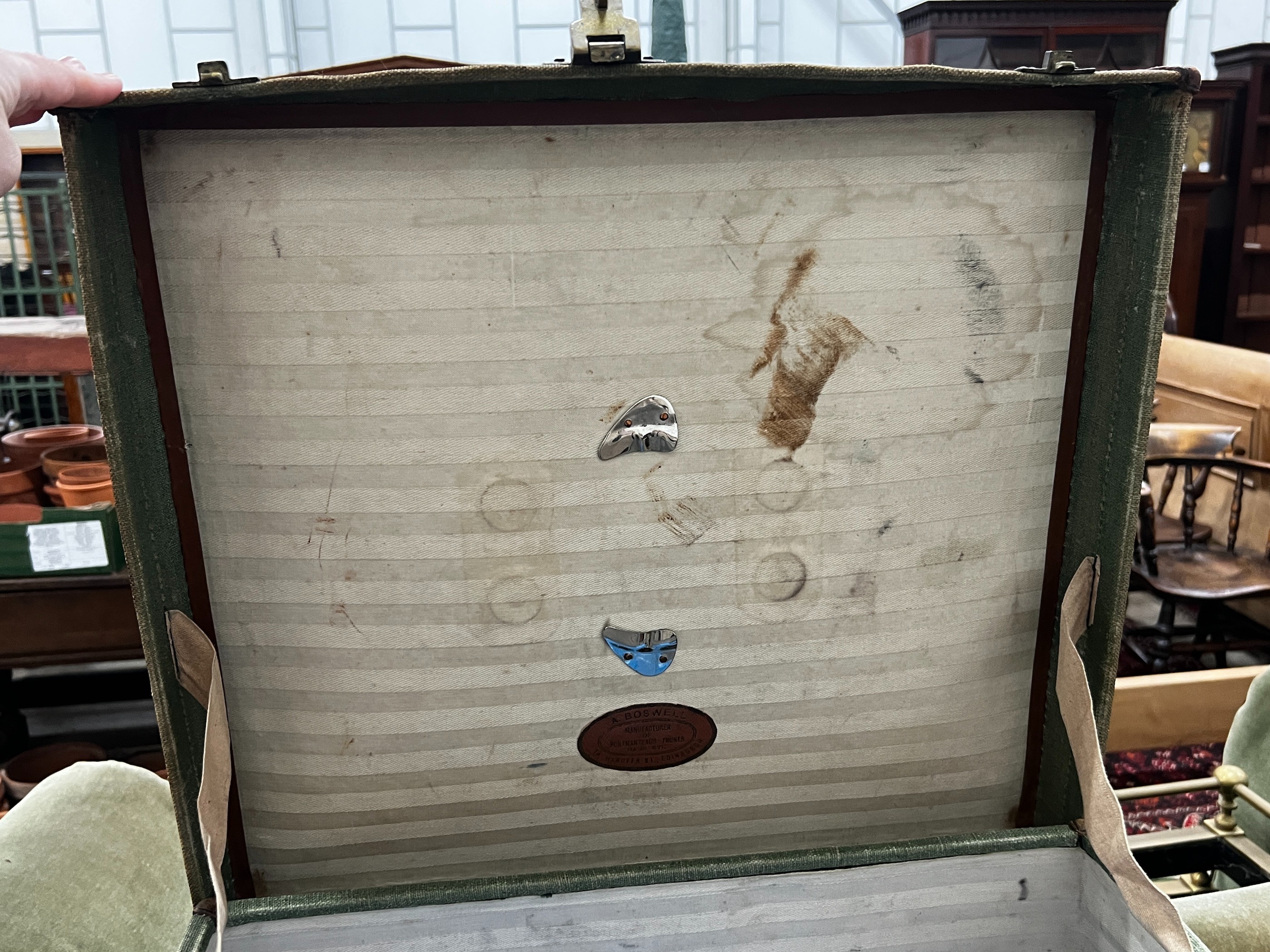 A Victorian canvas covered travelling trunk, width 50cm, depth 46cm, height 37cm